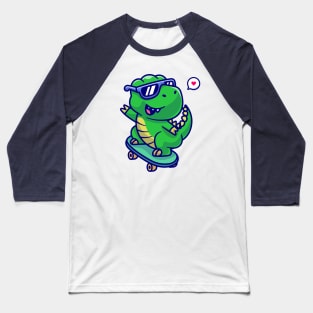 Cute Dino Playing Skateboard Cartoon Baseball T-Shirt